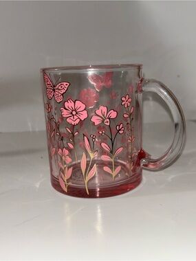 Pink Floral Glass Mug with Butterfly Accent
